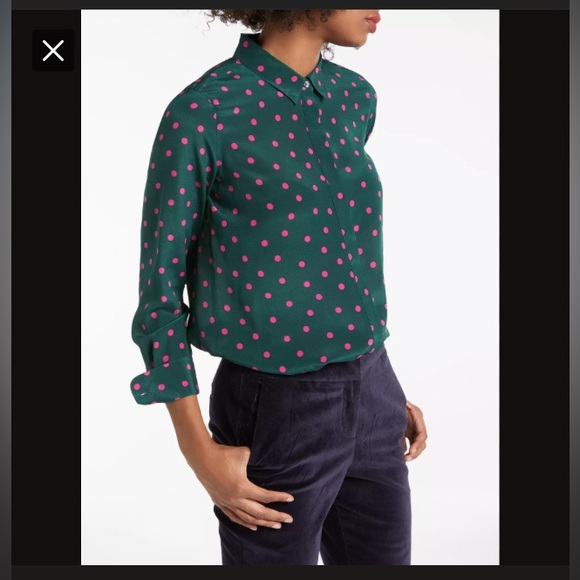 NWT Boden 100% Silk Shirt in green with pink polka dots,  size 6. - Picture 3 of 10